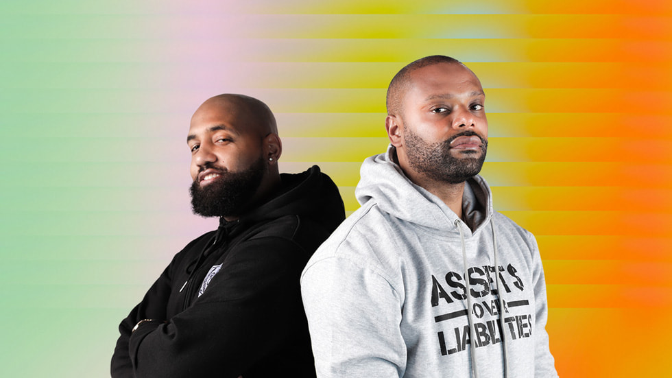 A portrait of podcast hosts Rashad Bilal to the right of Troy Millings.