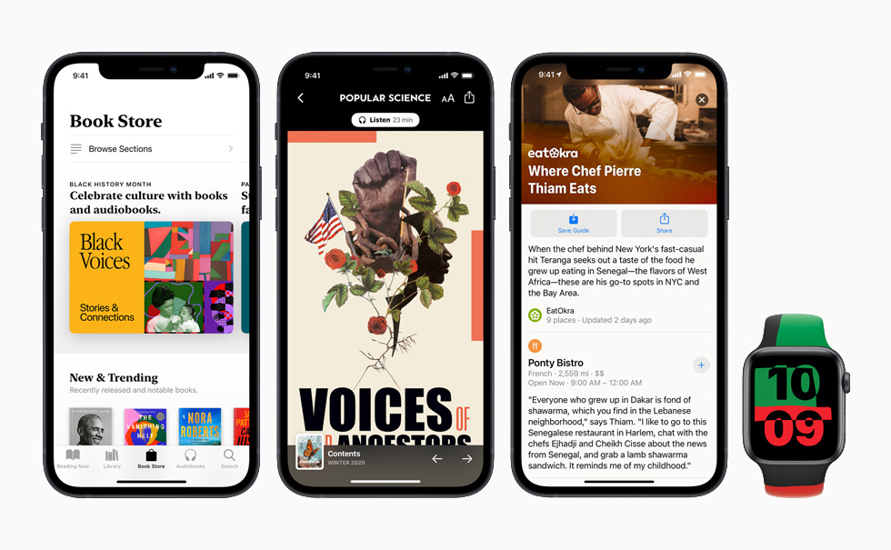 Apple Books, Apple News, and Apple Maps are displayed onscreen on three iPhone 12 models, along with the Apple Watch Series 6 Black Unity. 