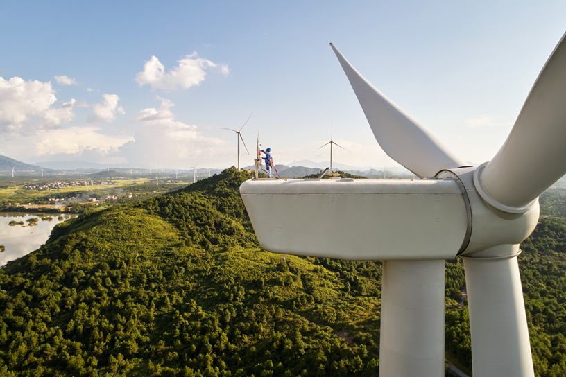 A wind turbine at the Concord Jing Tang wind farm in Dao County in Hunan, China.