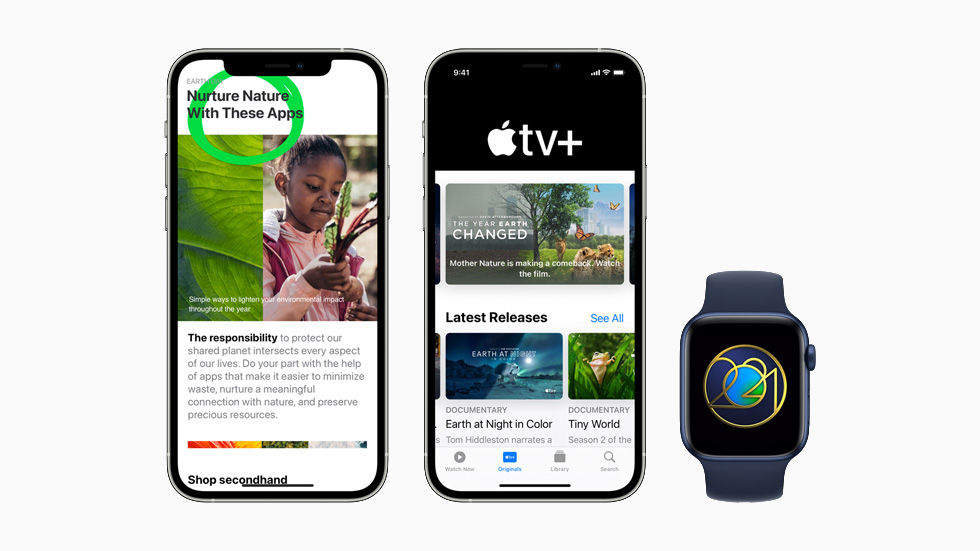 Apple’ın App Store, Apple TV+ ve Apple Fitness+’taki Dünya Günü programları iki iPhone 12 Pro modelinde ve Apple Watch Series 6’da gösteriliyor.