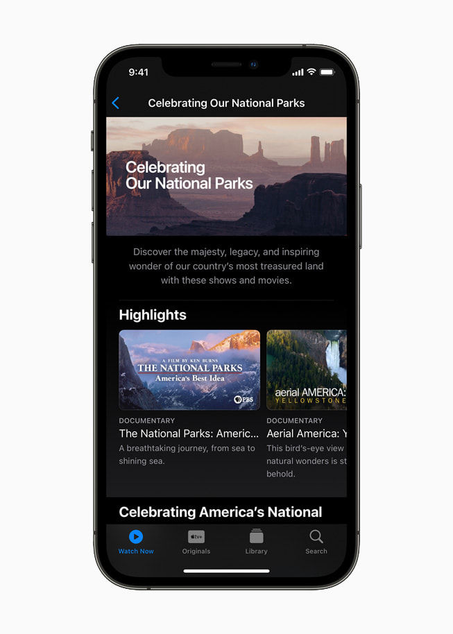 Watch Now collection on the Apple TV app spotlighting national parks on iPhone 12 Pro.