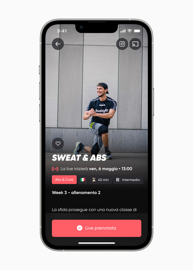 Schermata dell’allenamento Sweat & Abs nell’app Buddyfit.