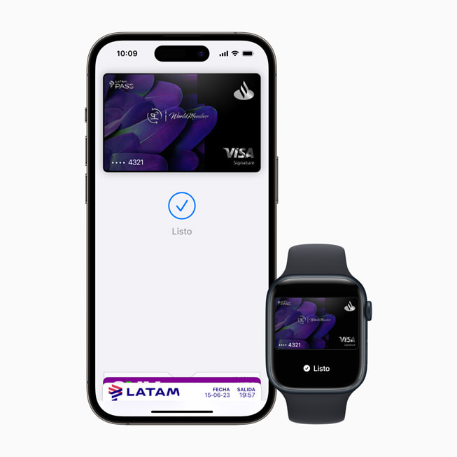  Una transacción con Apple Pay en un iPhone 14 Pro y un Apple Watch Series 8 usando una tarjeta Visa. 