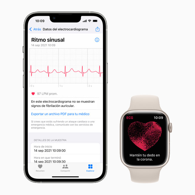 Gráfico animado que ilustra cómo funciona la lectura del electrocardiograma en el iPhone 13 Pro y el Apple Watch Series 7.