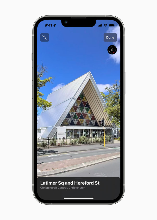 Maps using the Look Around feature of Latimer Square and Hereford Street on iPhone 13 Pro.