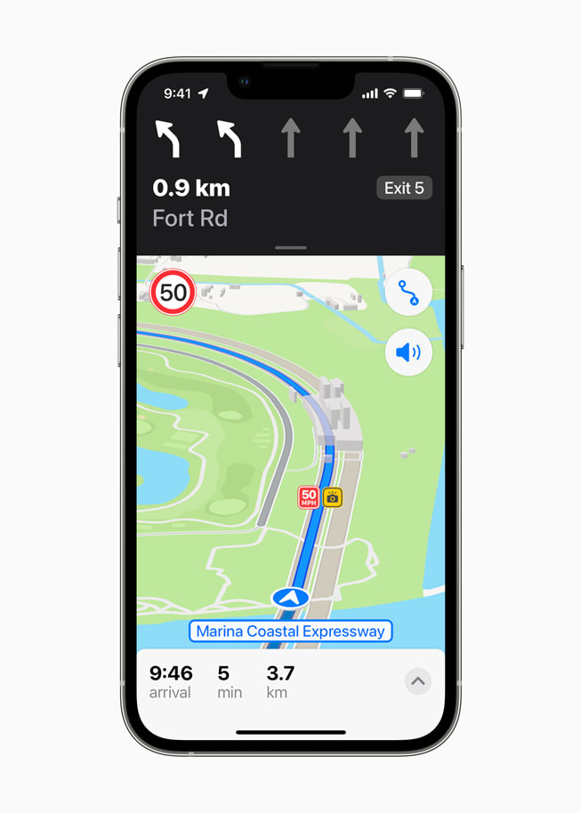 Maps shows the user driving directions along the Marina Coastal Expressway in Singapore.