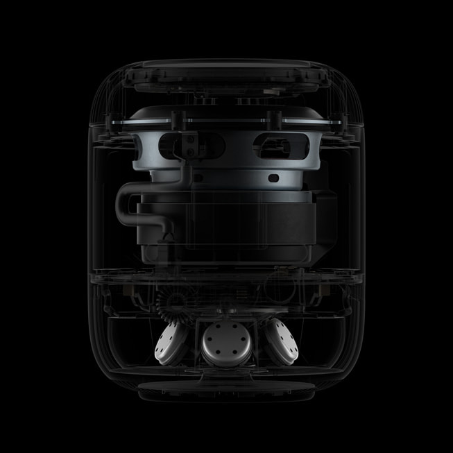 The interior of HomePod is shown in detail against a black background.