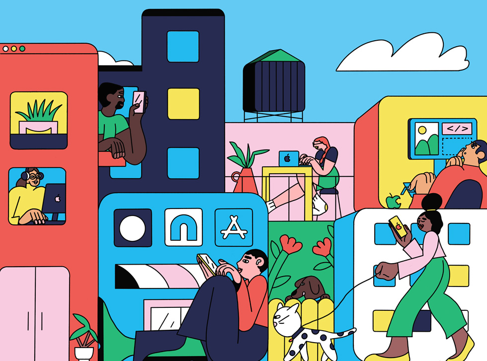 Illustration of people using apps on Apple devices.