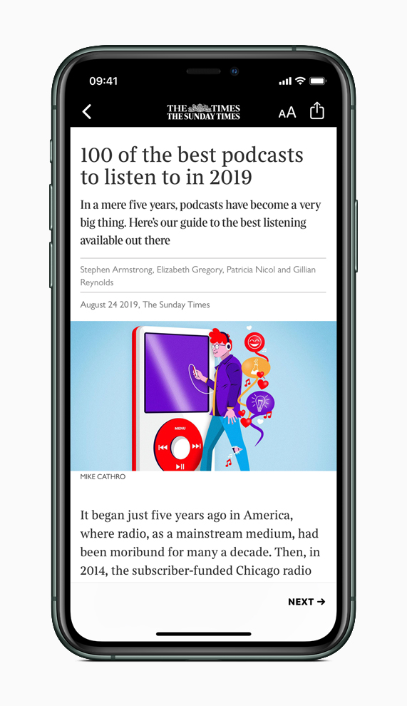 iPhone showing Apple News+ article screen.