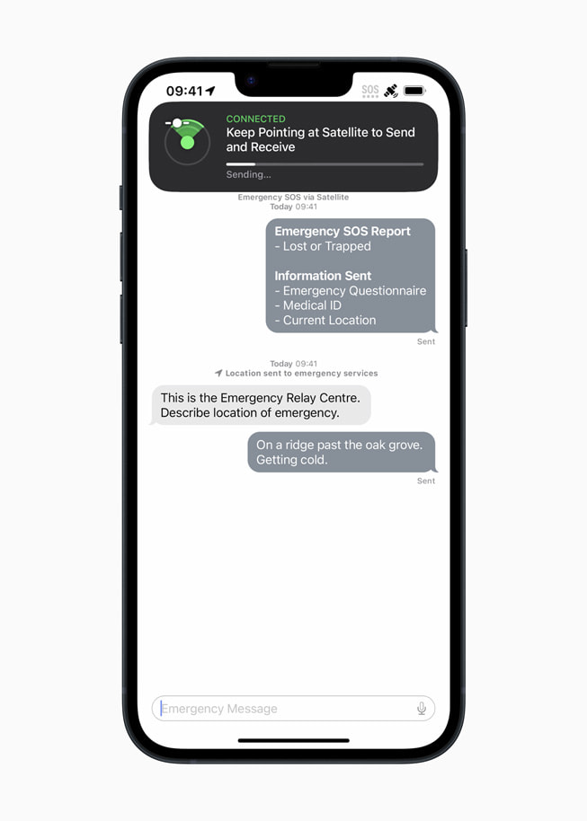 The chat function is shown on Emergency SOS via satellite.