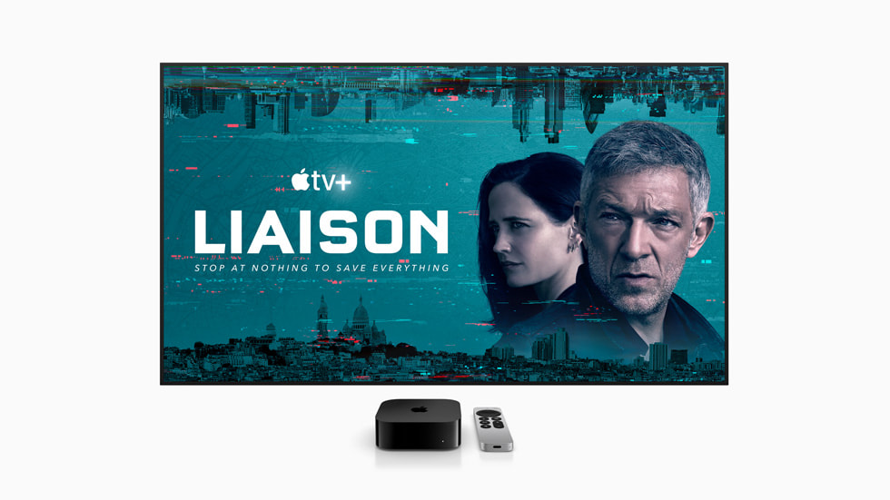 Apple TV+ banner for *Liaison* on a smart TV paired with Apple TV 4K.