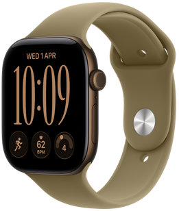 Apple Watch Series 12, aluminium case, dark bronze colour, Modular watch face, complications: day and date, Workouts, heart rate, readiness, right side exterior, Digital Crown, side button, Sport Band, olive colour