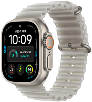 Apple Watch Ultra 4, titanium case, natural colour, digital clock face, complications: day and date, readiness, heart rate, Workouts, temperature, right side exterior, Digital Crown, raised side button, Ocean Band, translucent grey colour