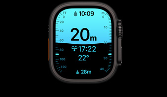 Apple Watch Ultra 4, titanium case, black colour, Depth app showing diving metrics, right side exterior, Digital Crown, raised side button
