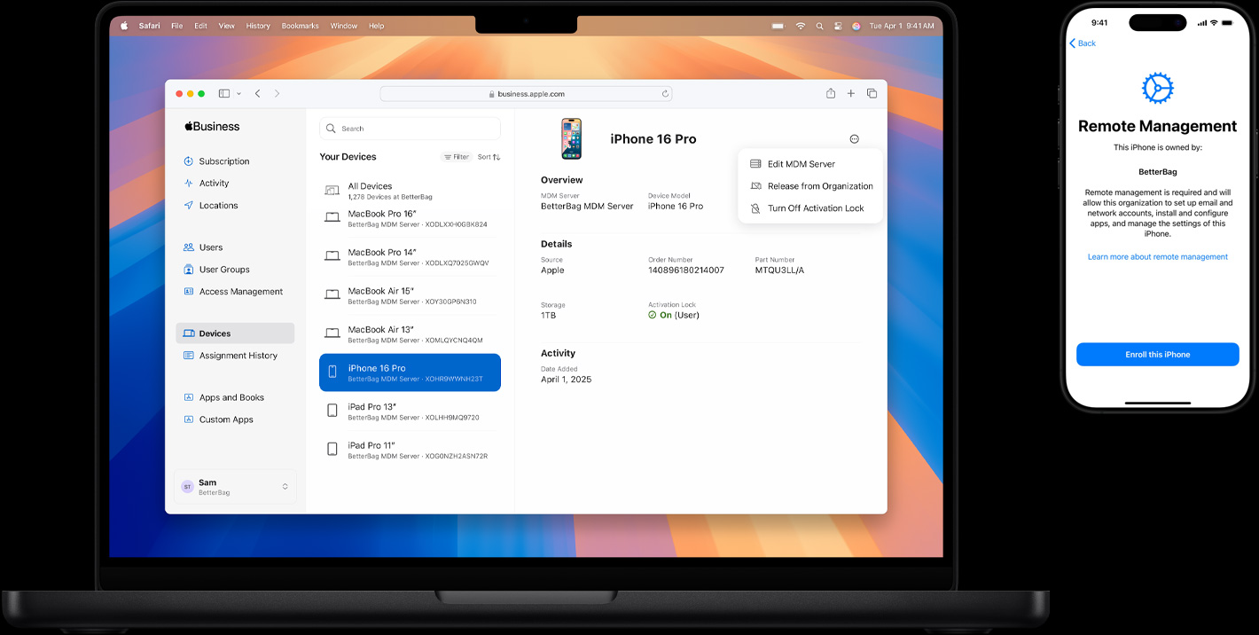 MacBook and iPhone, MacBook screen shows Apple Business Essentials, iPhone screen shows Remote Management within Setup