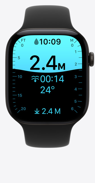 Apple Watch Series 12, aluminium case, black colour Depth app screen, dive at 8 feet, Sport Band, black color