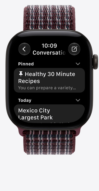 Apple Watch Series 12, aluminium case, black colour pinned conversations screen, Sport Loop band, burgundy plaid color