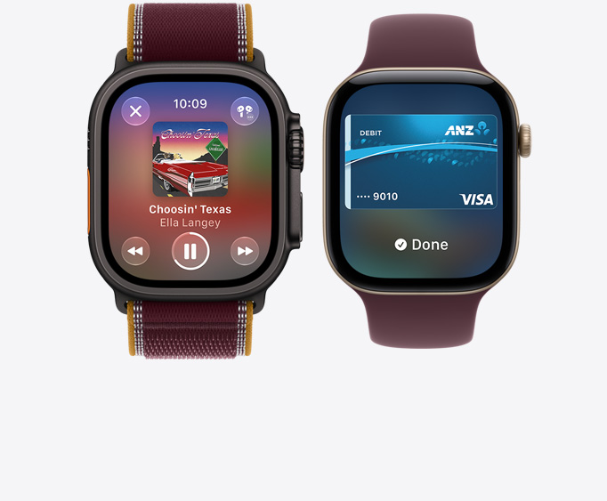 Apple Watch Ultra 4, titanium case, black colour Apple Music app, now playing screen, Trail Loop band, burgundy colour Apple Watch Series 12, aluminium case, light gold colour Apple Pay screen, Apple Card, Sport Loop band, burgundy color