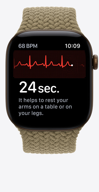 Apple Watch Series 12, aluminium case, dark bronze colour ECG app, heart rhythm line and timer, Braided Sport Loop, olive colour (light earthy green)