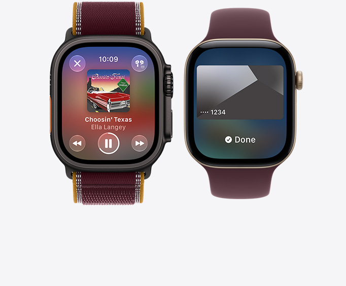 Apple Watch Ultra 4, titanium case, black color, Apple Music app, now playing screen, Trail Loop band, burgundy color; Apple Watch Series 12, aluminum case, light gold color, Apple Pay screen, Sport Loop band, burgundy color