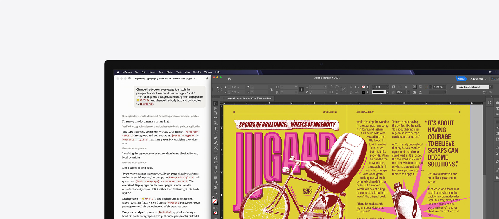 Adobe InDesign 2026, w drugim oknie widać polecenie generatywne do zaprojektowania plakatu