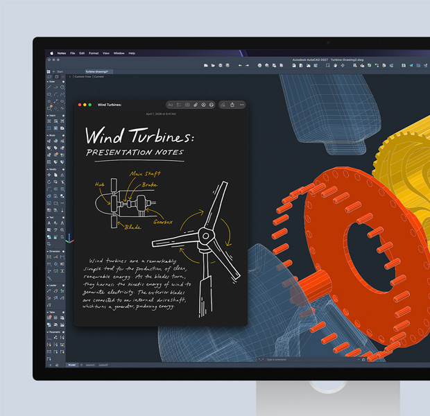Studio Display, otwarta aplikacja Autodesk AutoCAD, na ekranie widać pracę z dziedziny nauk ścisłych, obok apka Notatki