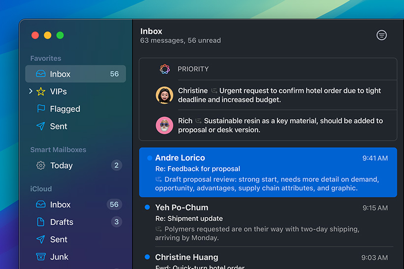 Funkcja Wiadomości priorytetowe Apple Intelligence w aplikacji Poczta