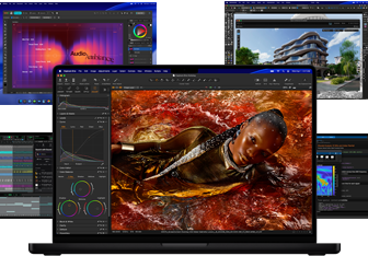 O varietate de conținut colorat pe ecran, de la producție muzicală, design grafic, animație 3D și aplicații de editare foto pe Mac, demonstrând o performanță grafică de top