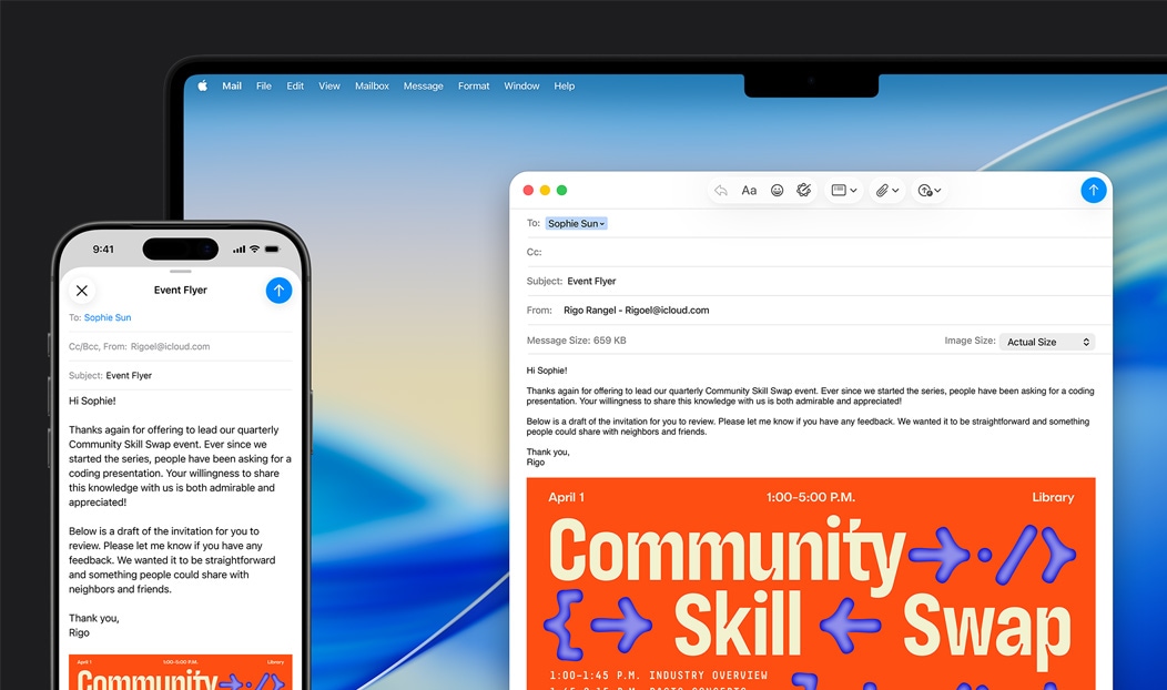 iPhone 16 Plus și MacBook Pro, aplicația Mail deschisă, același e-mail în curs de redactare afișat pe ambele ecrane