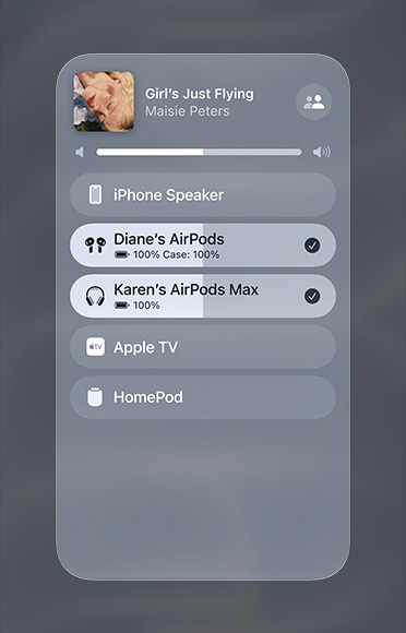 Image of a song on Apple Music playing on two different sets of AirPods.