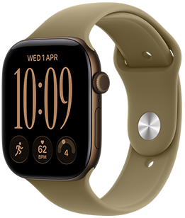 Apple Watch Series 12, aluminium case, dark bronze colour, Modular Compact watch face, complications: day and date, Run workout, heart rate, readiness, right side exterior, Digital Crown, side button, Sport Band, olive colour