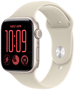 Apple Watch SE 3, aluminium case, starlight colour, Modular Compact watch face, complications: day and date, Run workout, Activity rings, Weather, right side exterior, Digital Crown, side button, Sport Band, sand colour
