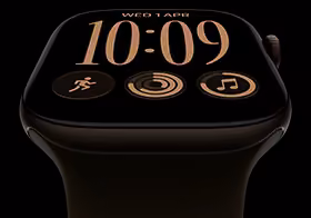 Apple Watch Series 12, aluminum case, dark bronze color, Modular watch face, complications: day and date, Workouts, Activity rings, Apple Music, right side exterior, Digital Crown, Sport Band, olive color