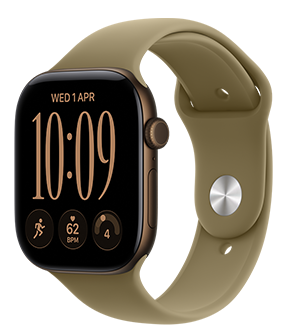 Apple Watch Series 12, aluminium case, dark bronze colour, Modular Compact watch face, complications: day and date, Run workout, heart rate, readiness, right side exterior, Digital Crown, side button, Sport Band, olive colour