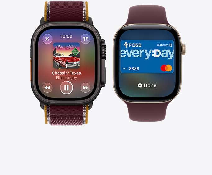 Apple Watch Ultra 4, titanium case, black colour, Apple Music app, now playing screen, Trail Loop strap, burgundy colour; Apple Watch Series 12, aluminium case, light gold colour, Apple Pay screen, Sport Loop strap, burgundy colour