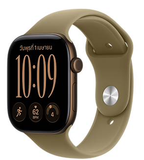 Apple Watch Series 12, aluminum case, dark bronze color, Modular Compact watch face, complications: day and date, Run workout, heart rate, readiness, right side exterior, Digital Crown, side button, Sport Band, olive color
