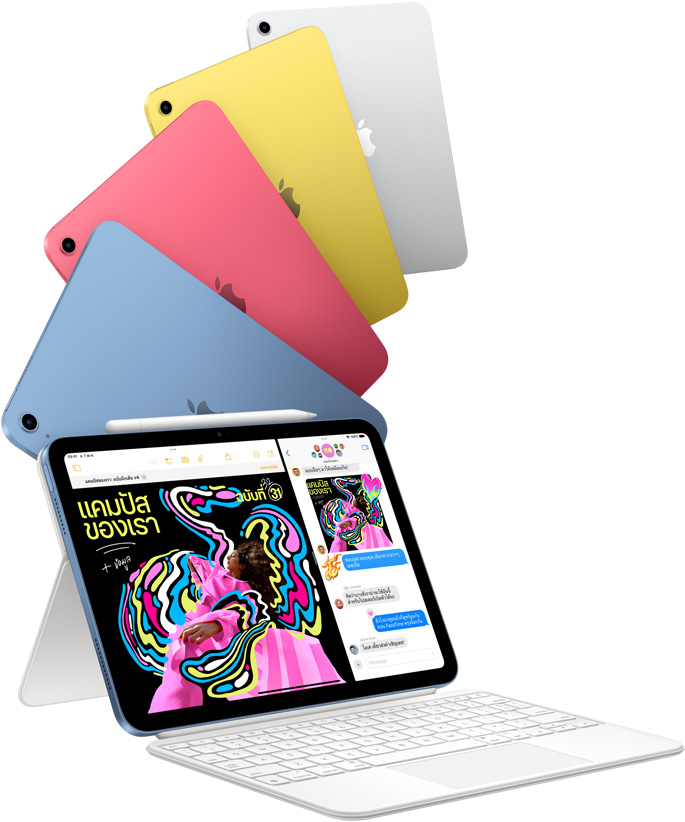 iPad สีฟ้า สีชมพู สีเหลือง และสีเงิน และ iPad หนึ่งเครื่องที่ติดเข้ากับ Magic Keyboard Folio