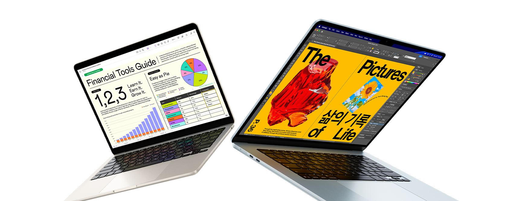 13- and 15-inch MacBook Air laptops — one screen shows Numbers work, the other shows design work