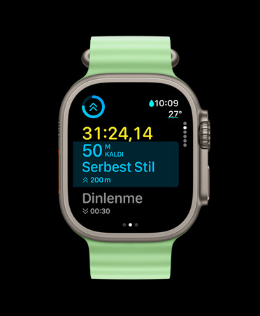 Apple Watch Ultra 3, natürel renk, titanyum kasa, Antrenman uygulaması, özel antrenman kartı, Sıradaki antrenman görünümü, neon yeşil Ocean Kordon