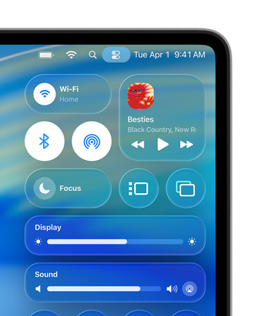 Mac ekranının sağ tarafında, Denetim Merkezi’nde Wi-Fi ve Bluetooth gibi Liquid Glass özel denetimleri gösteriliyor