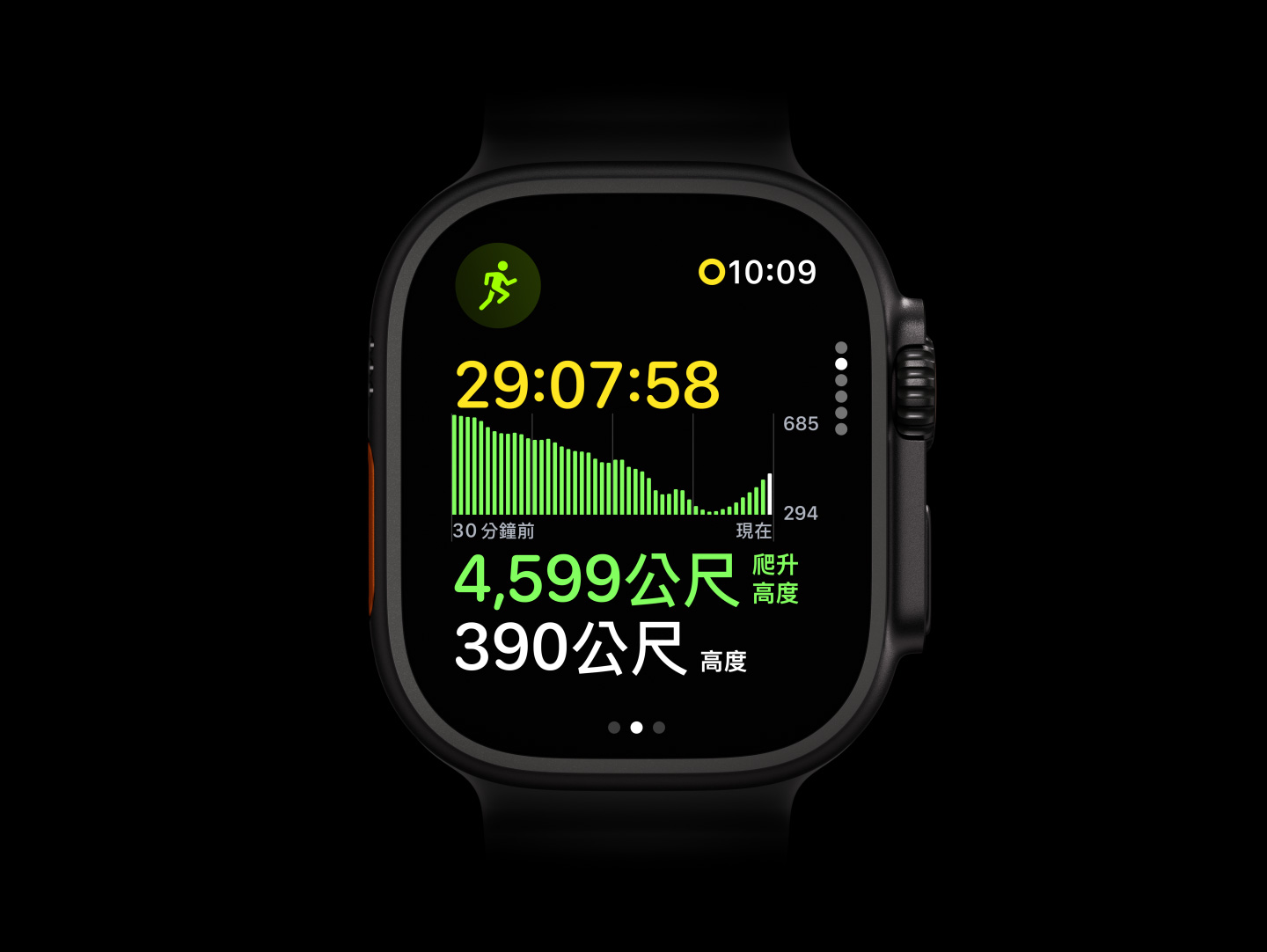 Apple Watch Ultra 4，展示黑色鈦金屬錶殼，搭配半透明灰色海洋錶帶，螢幕上的室外跑步體能訓練顯示爬升高度圖表，右側外觀展示數位錶冠、凸起的側邊按鈕