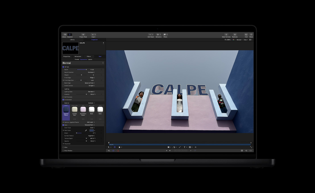 16 吋 MacBook Pro，螢幕顯示身穿綠黃色條紋洋裝的女子在紅色背景前，藉此示範 3D 標題
