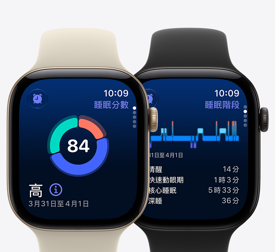 兩部 Apple Watch Series 12 裝置，螢幕分別顯示睡眠分數畫面與睡眠階段畫面