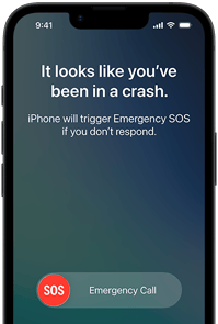 iPhone 17e, вид спереду, заокруглені кути, використовується функція «Виявлення аварій»