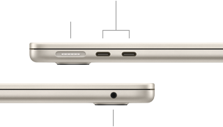 Закритий MacBook Air, вигляд зліва, показано порт MagSafe і два порти Thunderbolt, вигляд справа, показано порт для навушників