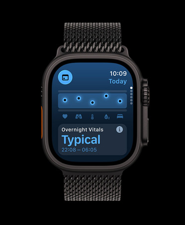 Apple Watch Ultra 3, black colour, titanium case, Vitals app, chart scoring health, Overnight Vitals outliers notification, strap, black Milanese Loop