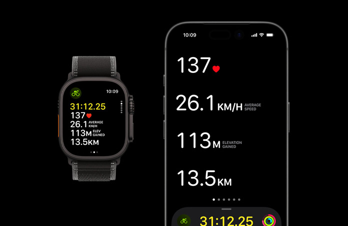 Apple Watch Ultra 3, black color, titanium case, Trail Loop, black/charcoal color,  iPhone, active workout metrics open on both devices