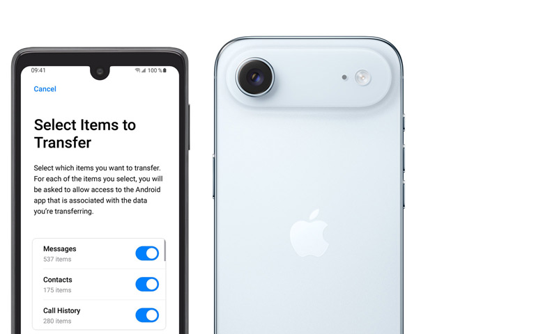Side-by-side, Android screen showing Move to iOS App, iPhone Air, back exterior, Fusion camera system in raised plateau, camera flash