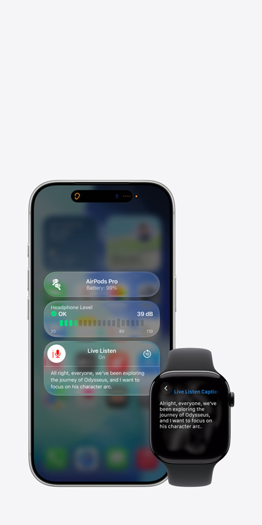 iPhone 17 Pro-scherm met een actieve Live Luisteren-sessie met bijschrift voor de vastgelegde audio en Apple Watch Series 11-scherm met Live Bijschriften van dezelfde vastgelegde audio