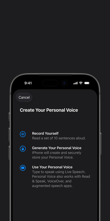 iPhone 17 Pro-scherm met de feature Persoonlijke Stem met instructies voor het creëren van je Persoonlijke Stem
